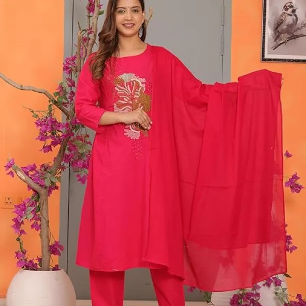 Womens Cotton Embroidered Straight Kurti Pant Ethnic Wear Pink
