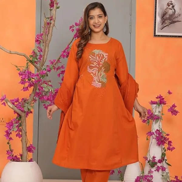 Women's Cotton Embroidery Straight Kurti with Pant Set