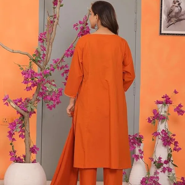 Womens Cotton Embroidery Straight Kurti with Pant Set Orange
