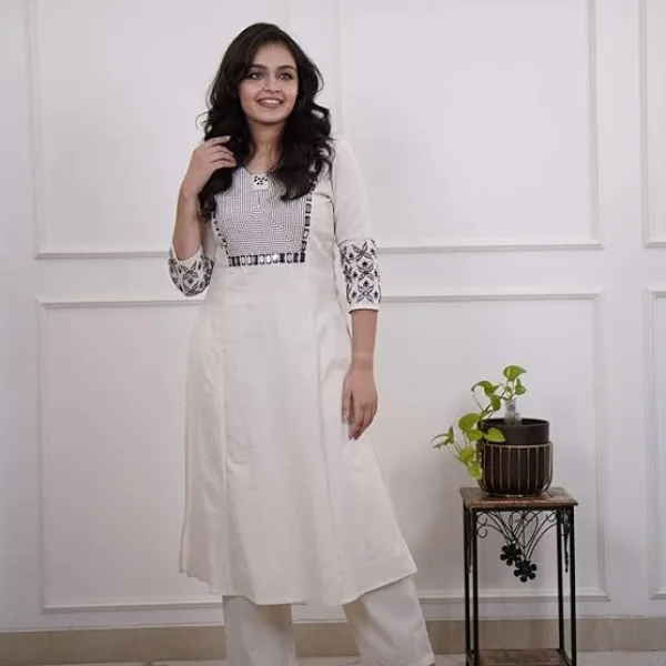 Cotton Embroidery Straight Kurti with Pant Set for Women White