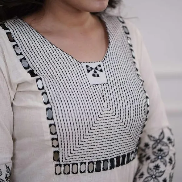 Cotton Embroidery Straight Kurti with Pant Set for Women White