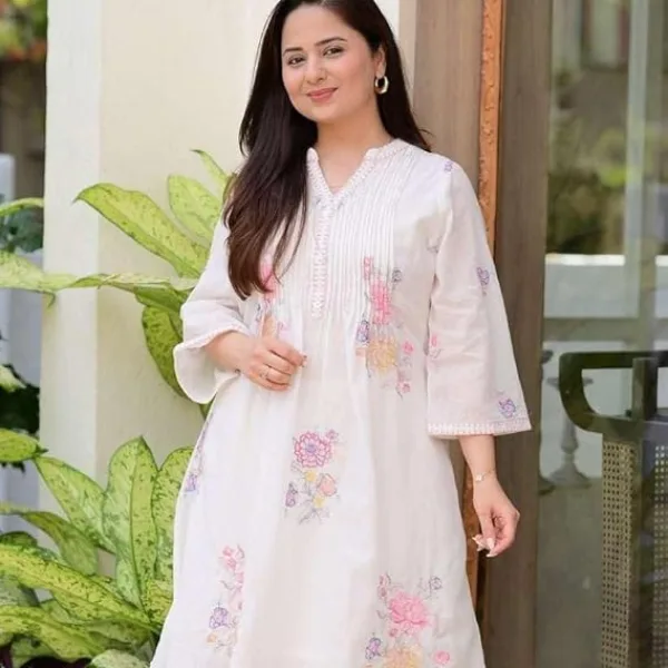 Women's Cotton Embroidery A-Line Kurti with Pant Set