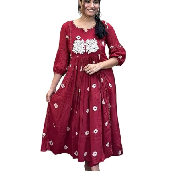 Womens Cotton Printed Anarkali Kurti with Pant for Daily Wear Red