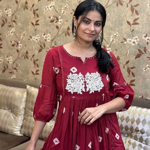 Womens Cotton Printed Anarkali Kurti with Pant for Daily Wear Red