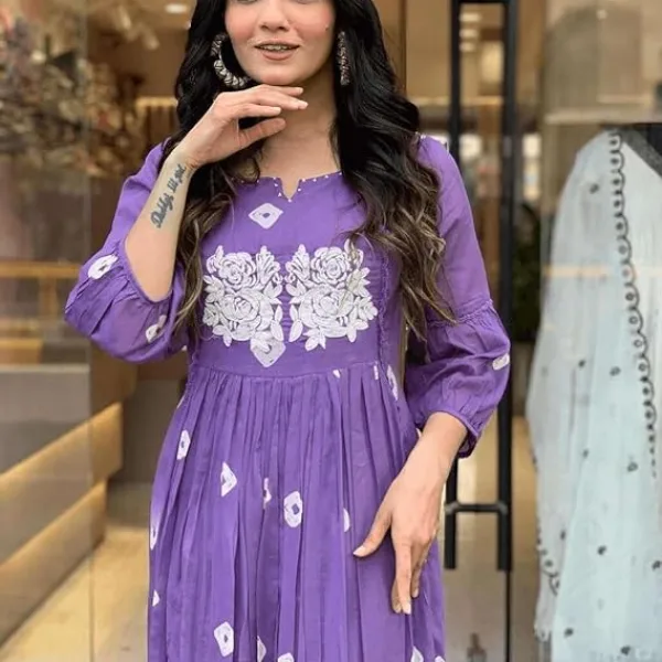 Women's Cotton Printed Long Anarkali Kurti with Pant