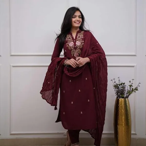 Women's Cotton Embroidery Work Straight Kurti with Pant & Mulmul Dupatta Set