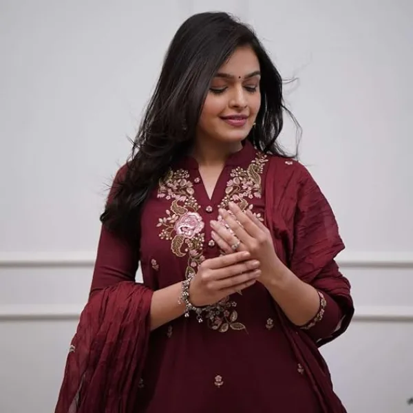 Womens Cotton Embroidery Work Straight Kurti with Pant and Mulmul Dupatta Set