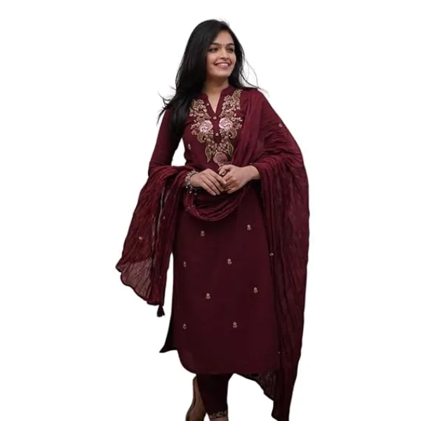 Womens Cotton Embroidery Work Straight Kurti with Pant and Mulmul Dupatta Set