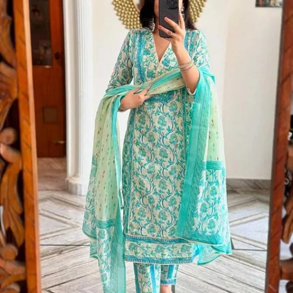 Women's Cotton Floral Printed Anazrkali Kurti with Pant & Dupatta Set