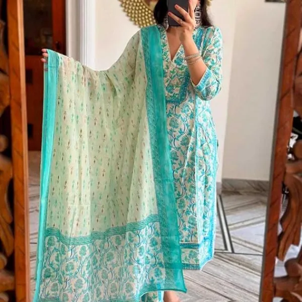Womens Cotton Floral Printed Anarkali Kurti with Pant and Dupatta Set