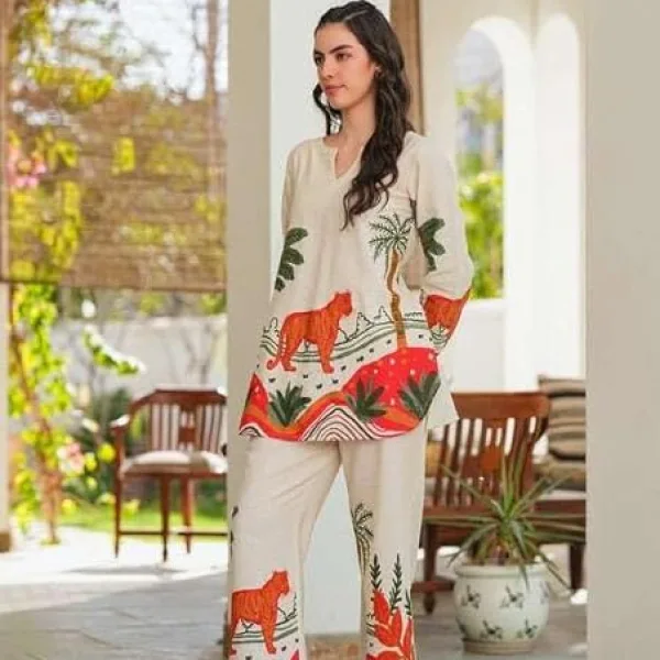 Women's Cotton Floral Printed Straight Short Kurti with Pant Set