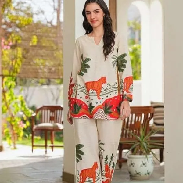 Womens Cotton Floral Printed Straight Short Kurti with Pant Set White