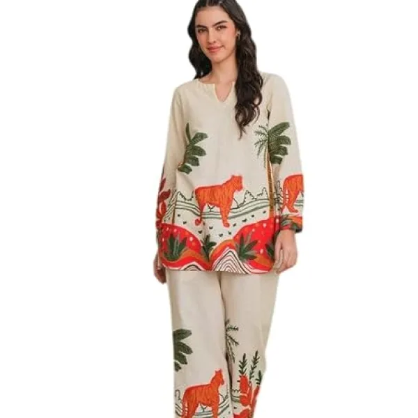 Womens Cotton Floral Printed Straight Short Kurti with Pant Set White