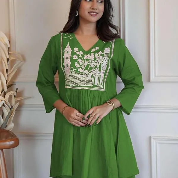 Womens Cotton Embroidered Short Anarkali Kurti with Pant Set Green
