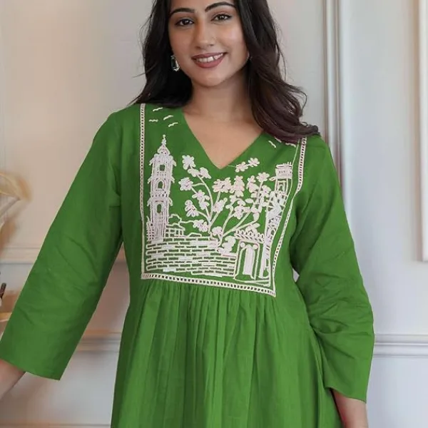 Womens Cotton Embroidered Short Anarkali Kurti with Pant Set Green