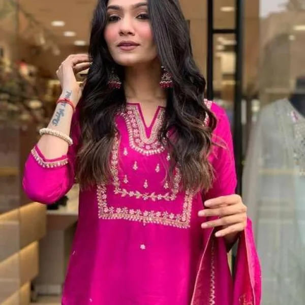 Women's Viscose Silk Heavy Embroidered Straight Kurta with Trouser & Banarasi Jacquard Dupatta Set