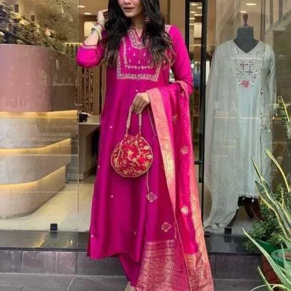 Womens Viscose Silk Embroidered Straight Kurta Trouser Dupatta Ethnic Set Pink