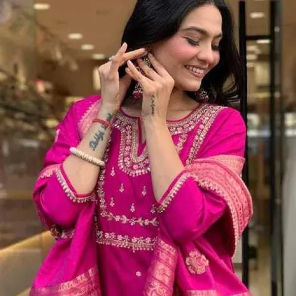 Womens Viscose Silk Embroidered Straight Kurta Trouser Dupatta Ethnic Set Pink