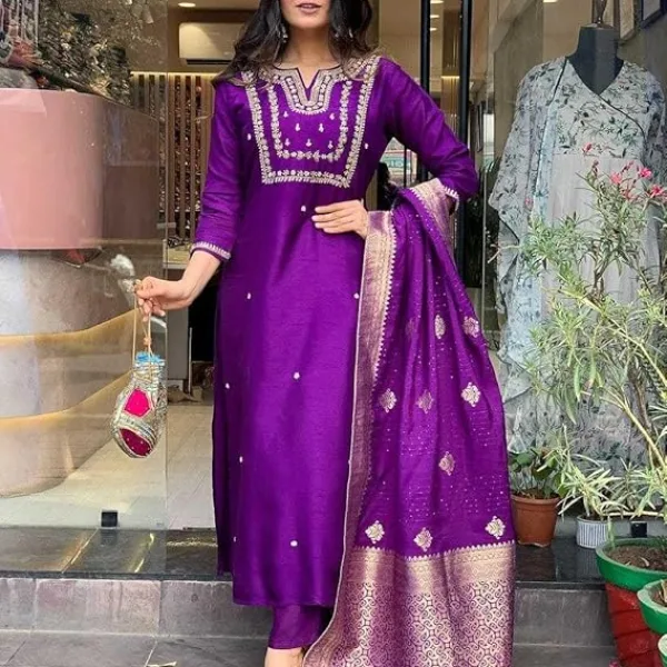 Womens Viscose Silk Heavy Embroidered Straight Kurta with Trouser and Banarasi Jacquard Dupatta