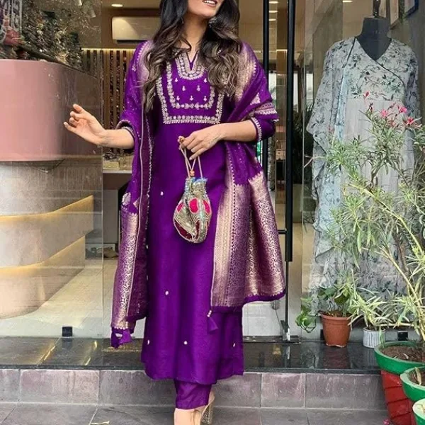Womens Viscose Silk Heavy Embroidered Straight Kurta with Trouser and Banarasi Jacquard Dupatta
