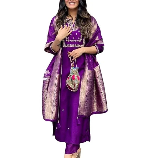 Womens Viscose Silk Heavy Embroidered Straight Kurta with Trouser and Banarasi Jacquard Dupatta
