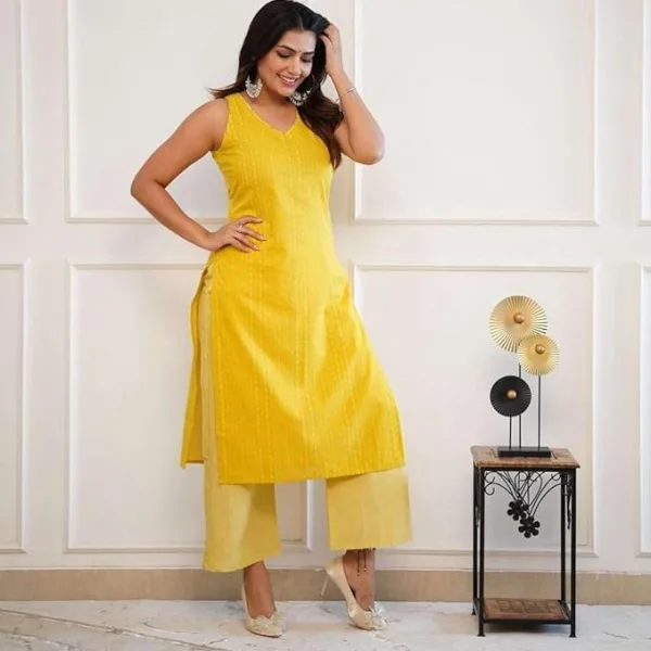 Women's Cotton Printed Sleeveless Straight Kurti with Pant Set