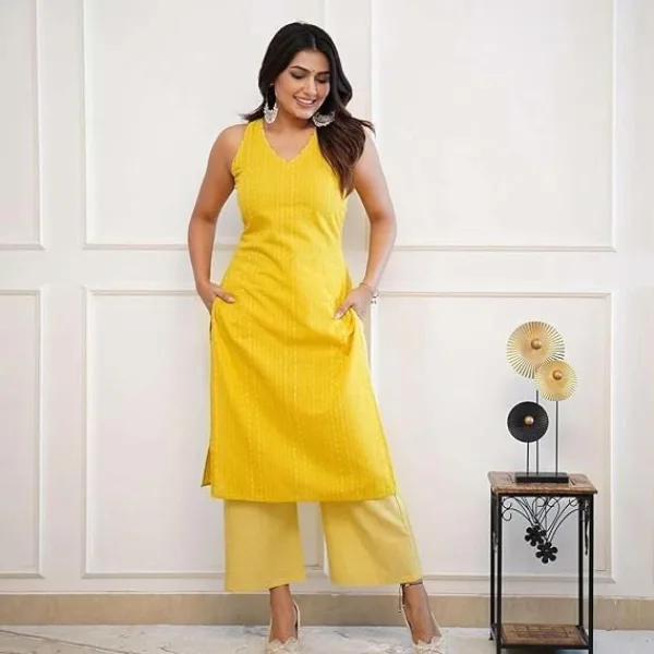 Womens Cotton Printed Sleeveless Straight Kurti with Pant Set Yellow