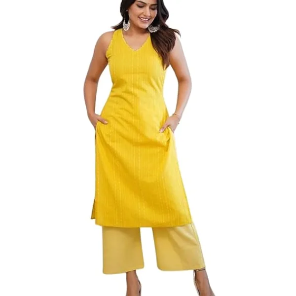 Womens Cotton Printed Sleeveless Straight Kurti with Pant Set Yellow