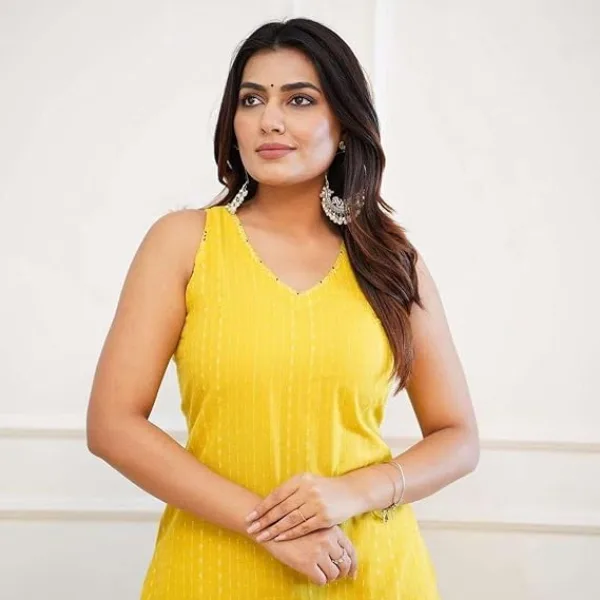 Womens Cotton Printed Sleeveless Straight Kurti with Pant Set Yellow