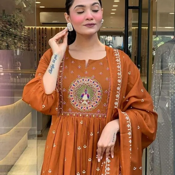 Women's Cotton Embroidered Anarkali Kurti with Malmal Dupatta Set