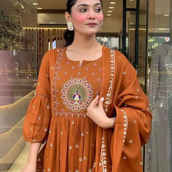 Women's Cotton Embroidered Anarkali Kurti with Malmal Dupatta Set