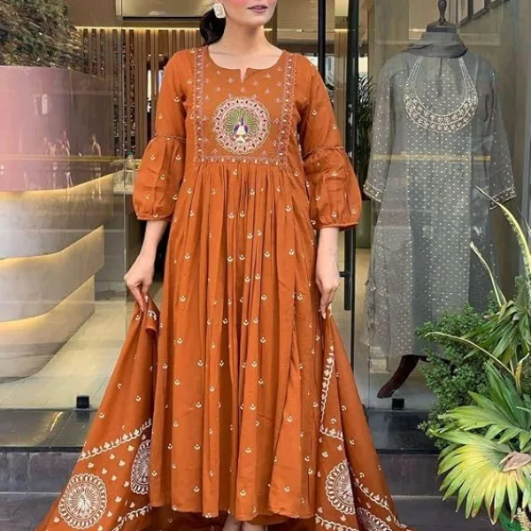 Women's Cotton Embroidered Anarkali Kurti with Malmal Dupatta Set