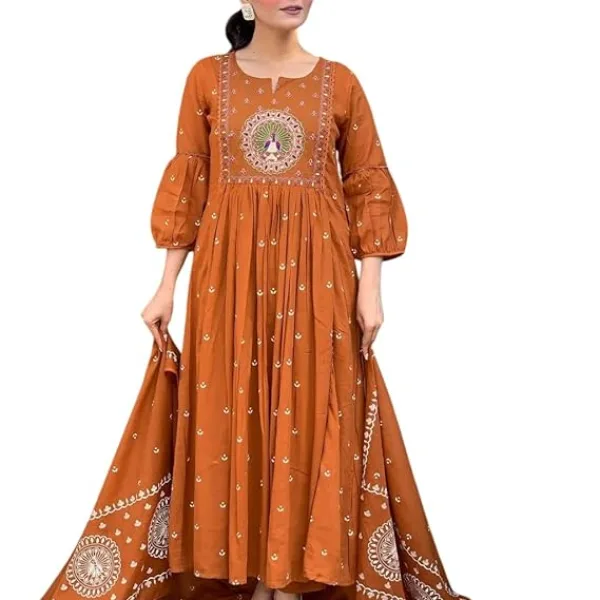 Women's Cotton Embroidered Anarkali Kurti with Malmal Dupatta Set