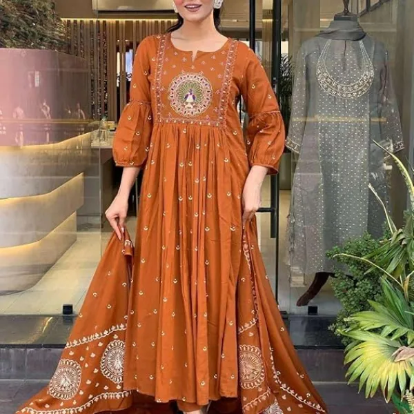 Womens Cotton Embroidered Anarkali Kurti with Malmal Dupatta Set