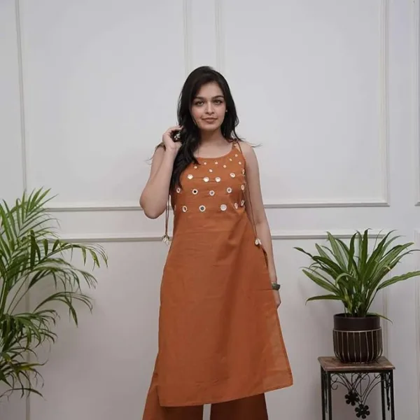 Women's Cotton Embroidery Sleeveless Kurti with Ankle Length Pant Set