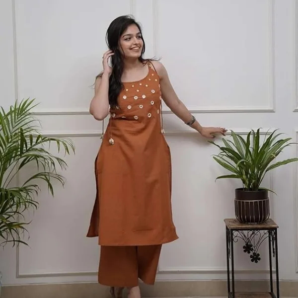 Womens Cotton Sleeveless Embroidered Kurti with Ankle Length Pant