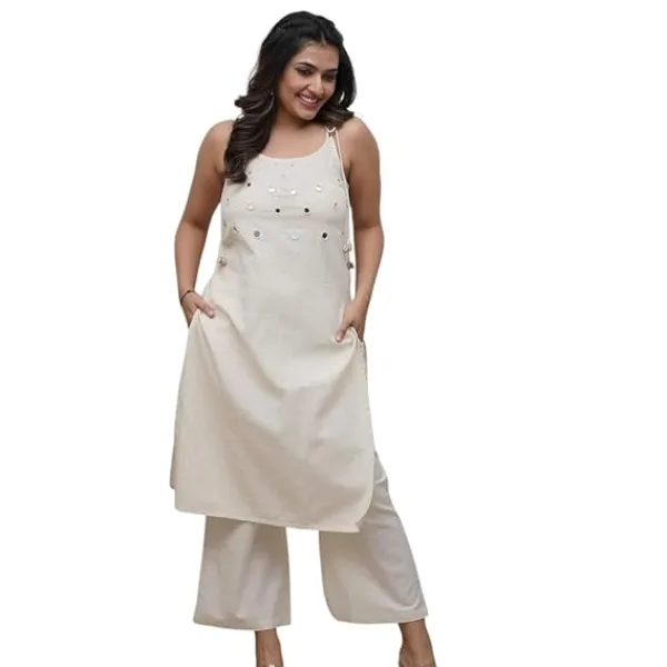 Women's Cotton Embroidery Sleeveless Kurti with Ankle Length Pant Set