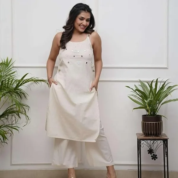 Womens Cotton Embroidery Sleeveless Kurti with Ankle Length Pant Set White