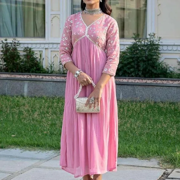 Womens Rayon Embroidery Work Georgette Fit Flare Dress Pink
