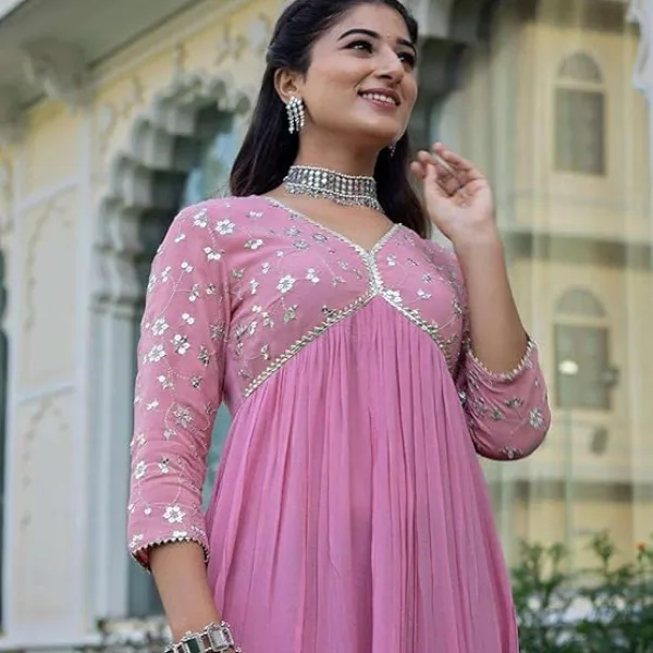 Womens Rayon Embroidery Work Georgette Fit Flare Dress Pink