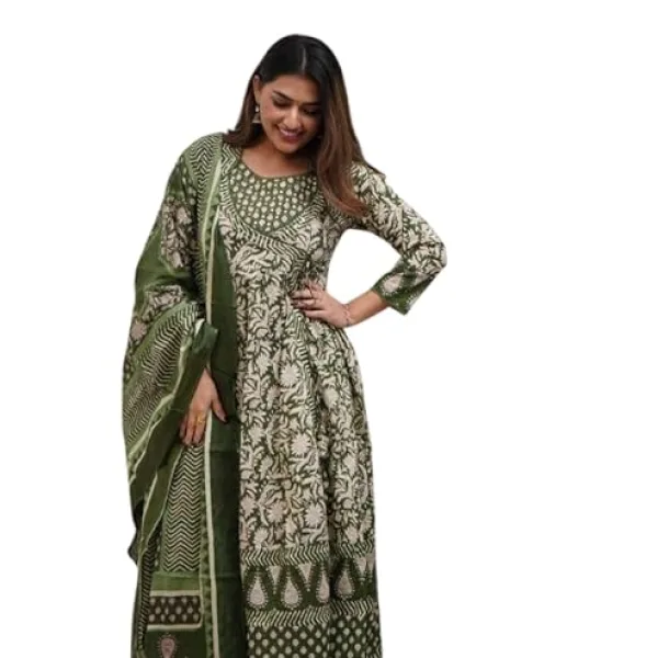 Women's Cotton Floral Printed Anarkali Kurti with Pant and Mulmul Dupatta Set
