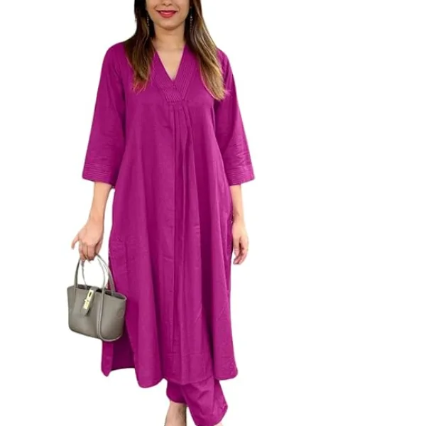 Womens Cotton Plain Straight Kurti Pant Co Ord Set for Daily Wear Violet