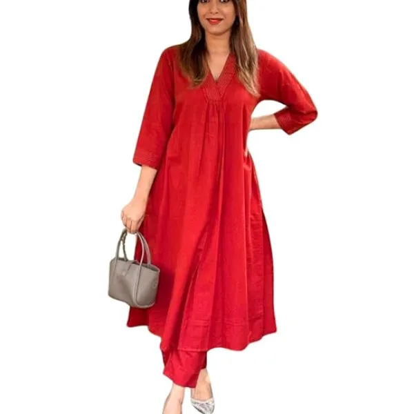 Women's Cotton Plain Coard Set A-Line Straight Kurti with Pant