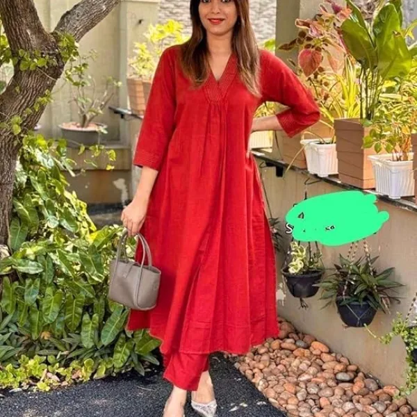 Women's Cotton Plain Coard Set A-Line Straight Kurti with Pant