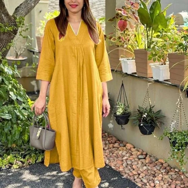 Womens Cotton Plain Co Ord Set A Line Straight Kurti with Pant Yellow