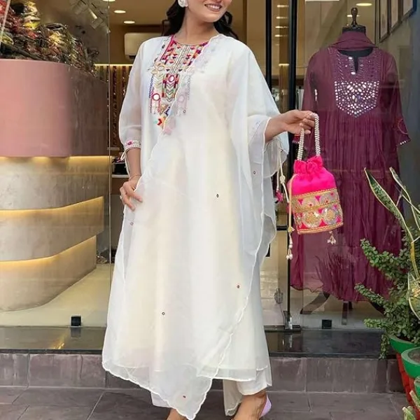 Women's Cotton Mirror Work Embroidered Straight Kurti with Pant and Dupatta Set