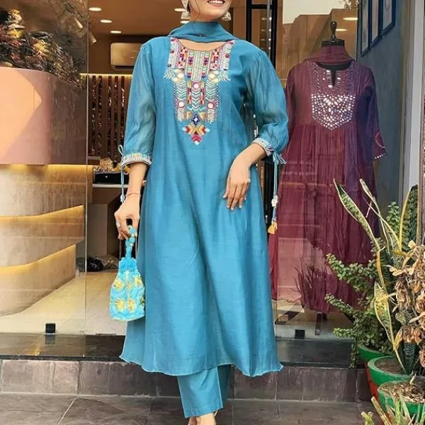 Women's Cotton Mirror Work Embroidered Straight Kurti with Pant and Dupatta Set
