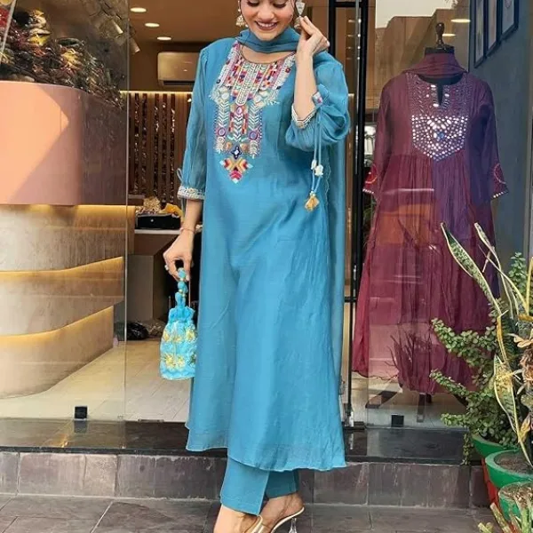 Womens Cotton Mirror Work Embroidered Straight Kurti with Pant and Dupatta Set Blue