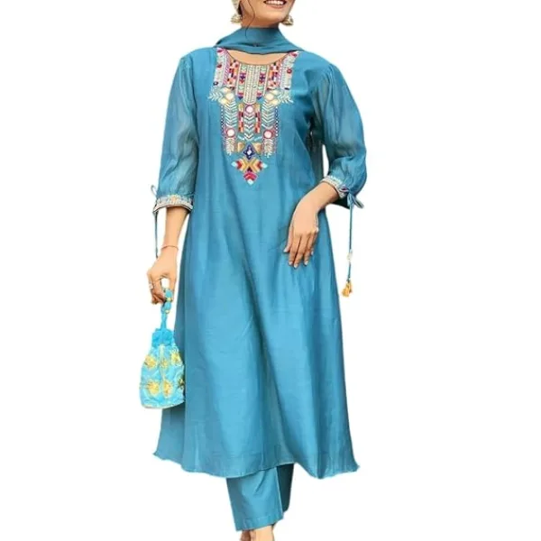 Womens Cotton Mirror Work Embroidered Straight Kurti with Pant and Dupatta Set Blue