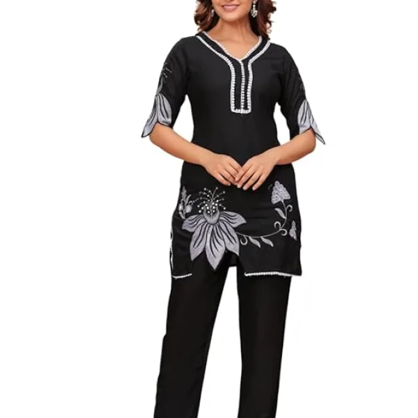 Women's Cotton Short Straight Kurti with Pant  Floral Printed Ethnic Set Black